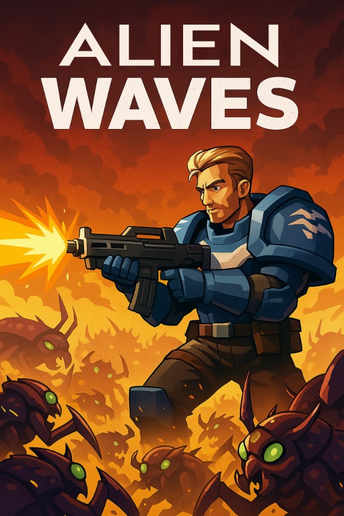 Alien Waves — soldier in blue armor against an alien swarm
